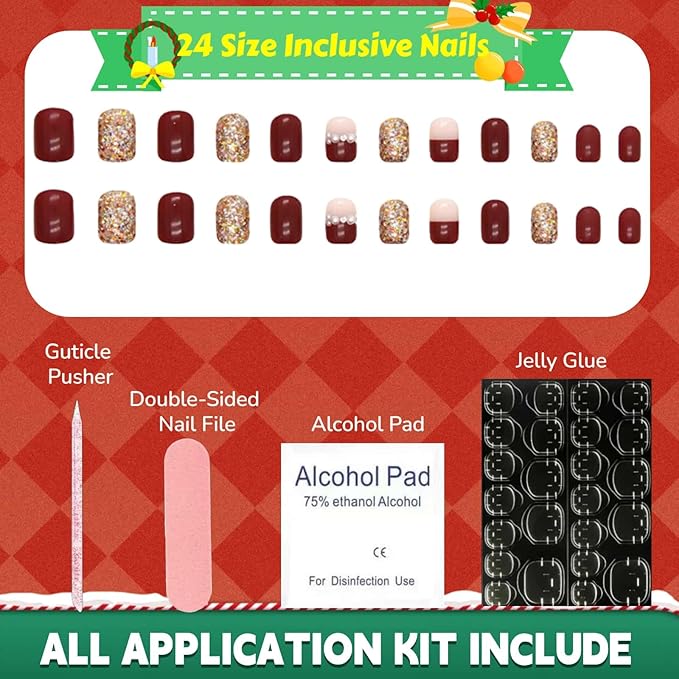 Press on Nails Short Square Fake Nails with Gold Glitter Pearl Rhinestones Designs Glue on Nails Red Full Cover False Nail Reusable Stick on Nail for Women 24Pcs