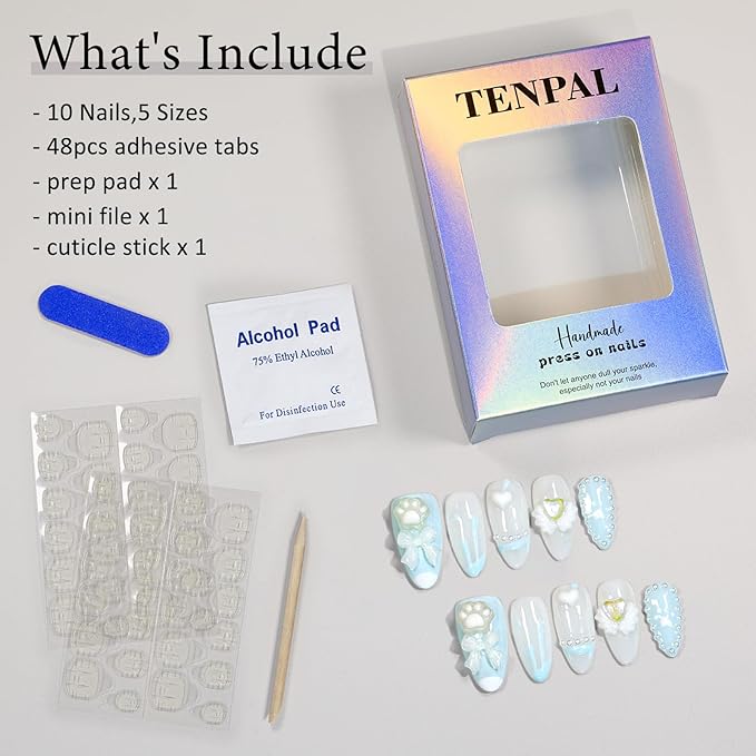 Sky Blue Press on Nails Medium Almond,Full Cover Fake Nails With 3D Charms Bow Pearls Love Designs,10pcs/Box Handmade Sweet Cool Cute Short Nails Press ons For Women Girls(XS)