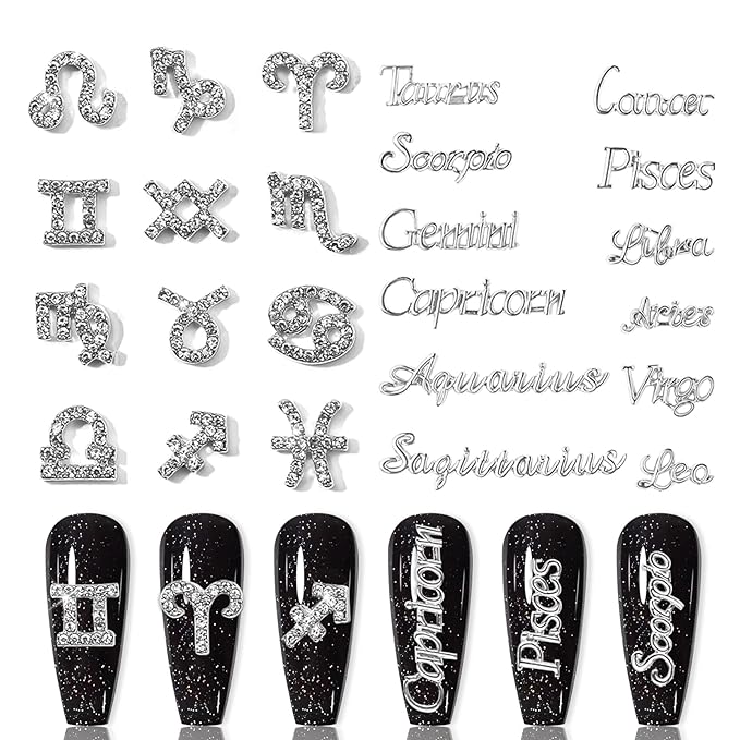 24 Pieces Silver Alloy Zodiac Nail Charms 12pcs Zodiac Signs Nail Studs 12pcs Constellation Words Charms Twelve Constellation Nail Charms for Women Girls Nail Art Decoration
