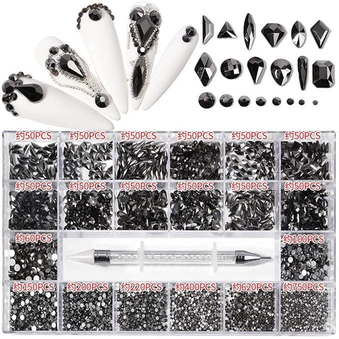 Nail Art Rhinestones and Gems Sets,600pcs Black Multi Shapes Glass Crystals, 2500pcs FlatBack Gemstones for Nail Art Accessories 3D Diamond, Wax Pen for Rhinestones, Acrylic Beads Storage Container