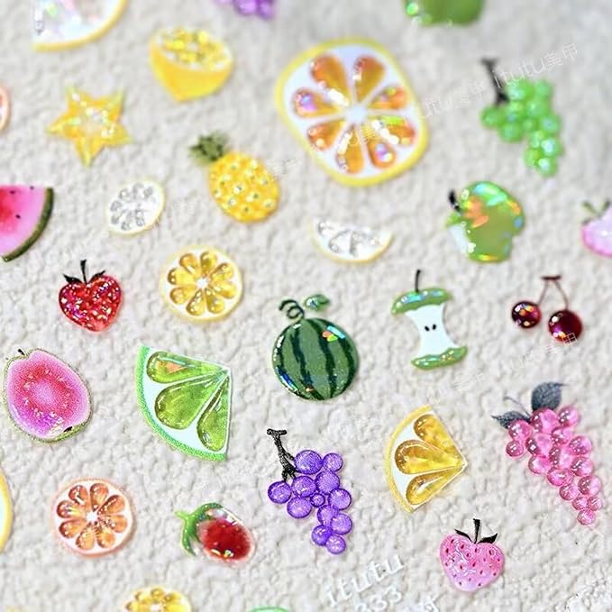1 Sheets Fruit Nail Stickers 3D Embossed Nail Decals Cute Summer Nail Stickers for Nail Art Pineapple Grape Cherry Strawberry DIY Self-Adhesive Handmade Nails Supplies Accessories for Women Girls