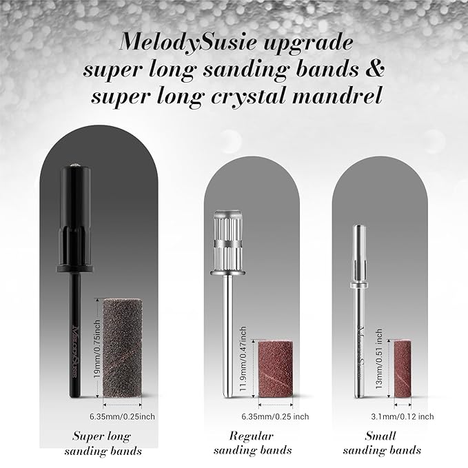 MelodySusie 50 Pcs Nail Drill Bits Super Long Sanding Bands with 6.65mm Crystal Mandrel Bit, 120 Medium Grit Nail File for Acrylic Nails Gel Manicures and Pedicure, Black