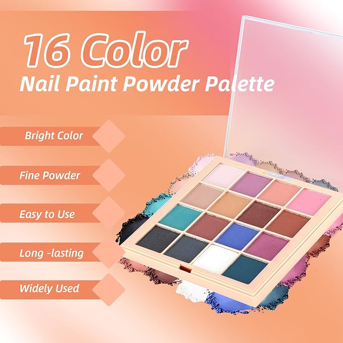 Nail Pigment Powder Palette Set, 16 Bright Colors Ombre Nail Powder Palette Brown Pink French Aura Nails Ombre Nail Brush Nail Long-lasting Manicure Art DIY Accessories (08)