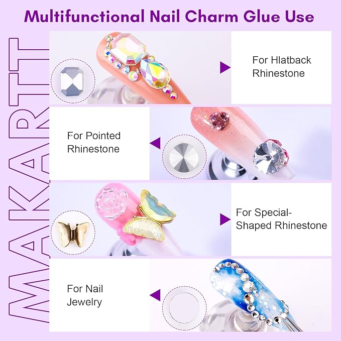 Makartt Nail Rhinestone Glue for Nails, Super Strong Gel Nail Glue Bundle with Rhinestone Glue for Nails, 15ml Clear Nail Gem Glue with Nail Brush Kit for 3D DIY Decorations