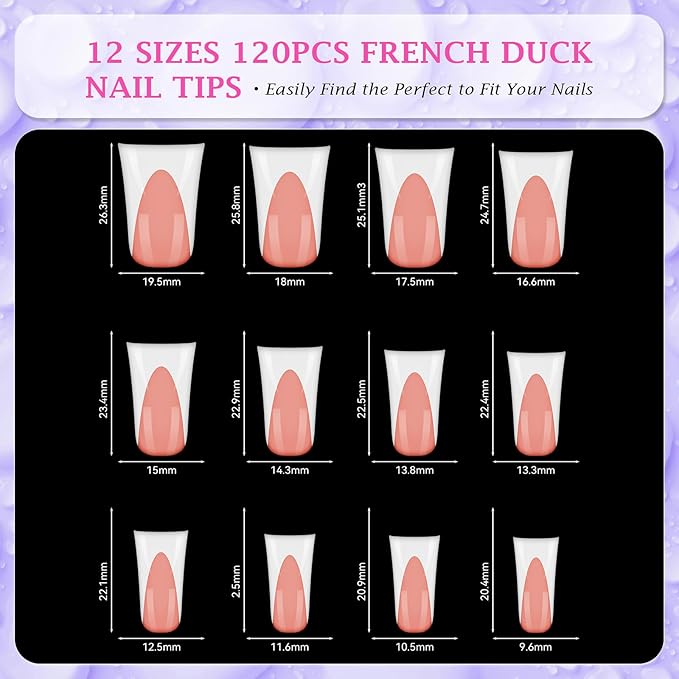 outopen 120pcs Duck Nail Tips Short Light Peach French Duck Tips Full Cover Fan Flare Duck Tips for Wide Press on Nail Crystal Duck Feet Nail Tips for Polygel Acrylic Extension, 12 Sizes