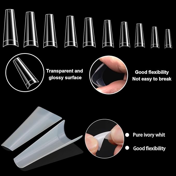 FEBSNOW 1000 PCS French Coffin Ballerina Nail Tips Acrylic Nails Artificial Half False Flake Nail Tips 10 sizes with Clear Plastic Cases for Nail Salon Nail Shop DIY Nail Art Ballerina Nails
