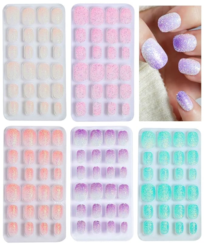 120pcs False Nails Press on Nails for Kids - Self-Adhesive Short Fake Artificial Full Cover Nail Art Kits Transation with Nail Sticker Tabs for Girls Children