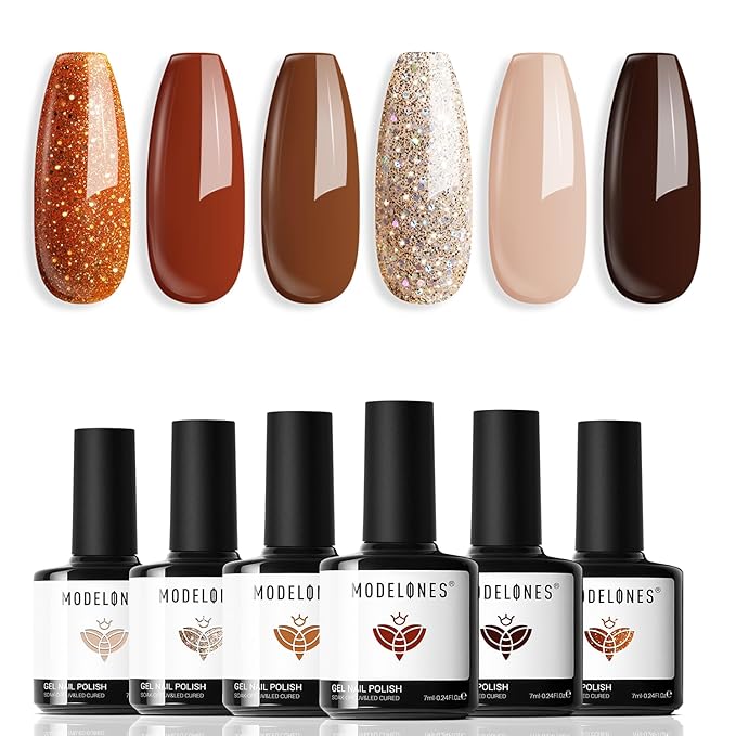 modelones Gel Nail Polish Set, 6 Colors 2026 Winter Neutral Nude Brown Gel Polish Maroon Caramel Burgundy Champane Gold Glitter Nail Polish Cherry Mocha Soak OFF LED DIY Kit Gift