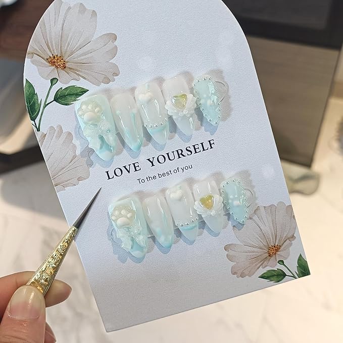 Sky Blue Press on Nails Medium Almond,Full Cover Fake Nails With 3D Charms Bow Pearls Love Designs,10pcs/Box Handmade Sweet Cool Cute Short Nails Press ons For Women Girls(XS)