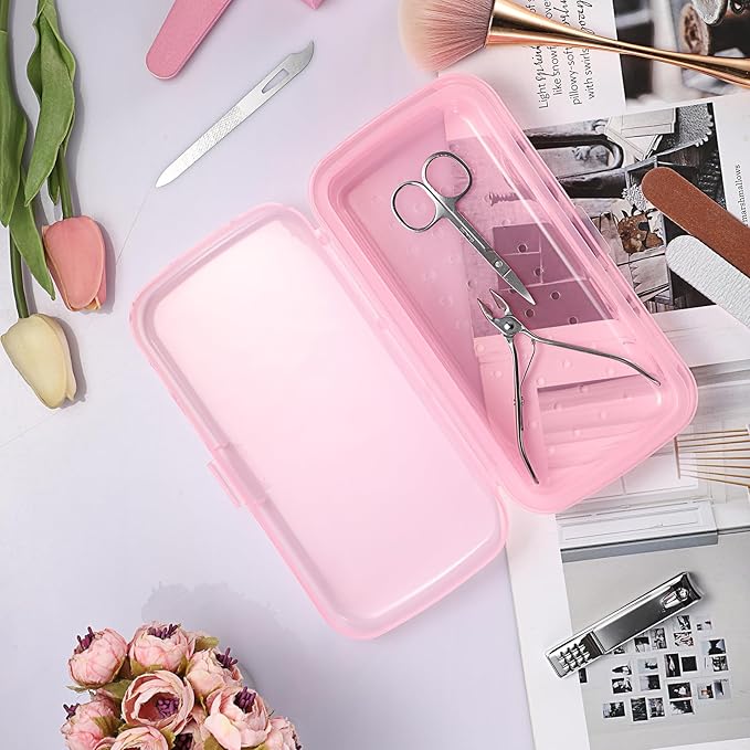JUXYES 2 PCS Plastic Sterilizing Tray for Nail Art Accessories Tools, Portable Nail Art Tool Sterilizer Tray with Strainer, Fully Transparent Storage Box Organizer for Tweezer Manicure Tools