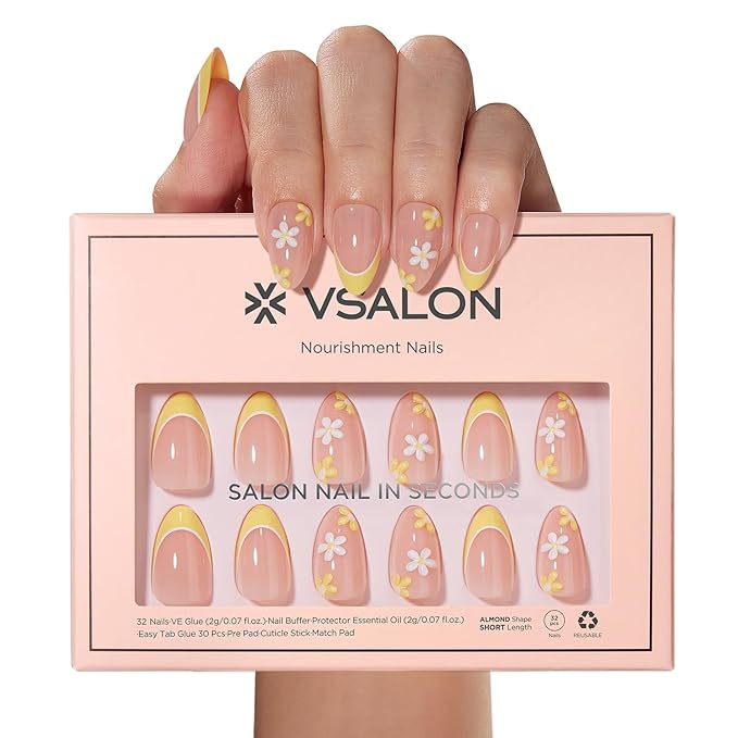 VSALON Press on Nails Short Almond - Lemon Yellow French Tip 3D Flower Design Fake Nails Kit, Reusable Valentines Gel Glue on Nails with Glue & Cuticle Oil - 32 PCS Stick on Nails in 16 Sizes