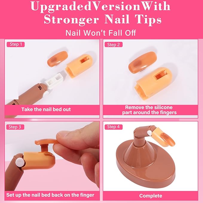 Adjustable Fake Mannequin Fingers - 3PCS Training Set With Acrylic Base and 100PCS Brown Nail Tips - Movable & Flexible For Nail Art Practice