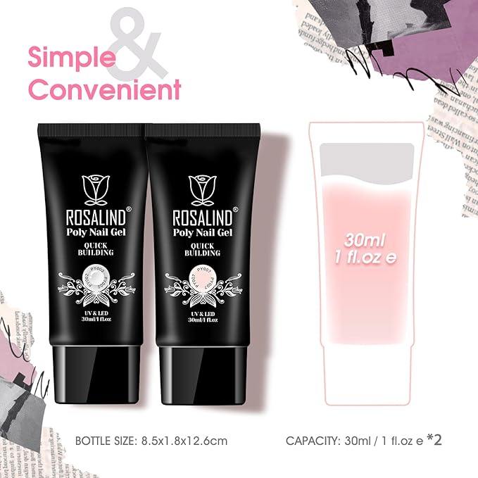 Rosalind Soft Pink & Clear Poly Extension Gel for Nails, 2-Pack 1oz/30ml Light Pink & Clear Poly Builder for Nail Gel Acrylic Extension