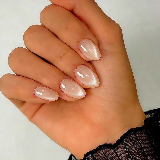 Cat Eye Press on Nails Short, Chrome Press on Nails Oval, Thick Glazed Beige Nude Fake Nails Press ons for Women Wedding, Reusable Magnet Bling Glitter Glue On Nails Almond in 15 Sizes, 30 Pcs
