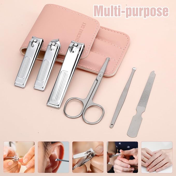 Nail Clipper Set for Women, 6 Pcs Stainless Steel Grooming Kits,Nail Care Tools with Pink Leather Bag for Adults, Suitable for Home, Workplace, Outdoor Travel, Gift Giving, Salon（Pink）