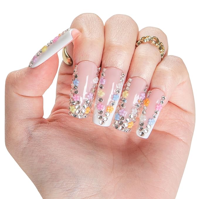 LOVFUL Short French Tip Press on Nails Floral Bloom | Handmade Acrylic Press ons| Reusable Fake False Nails | Square Classic Regular 1.3in | H705-S
