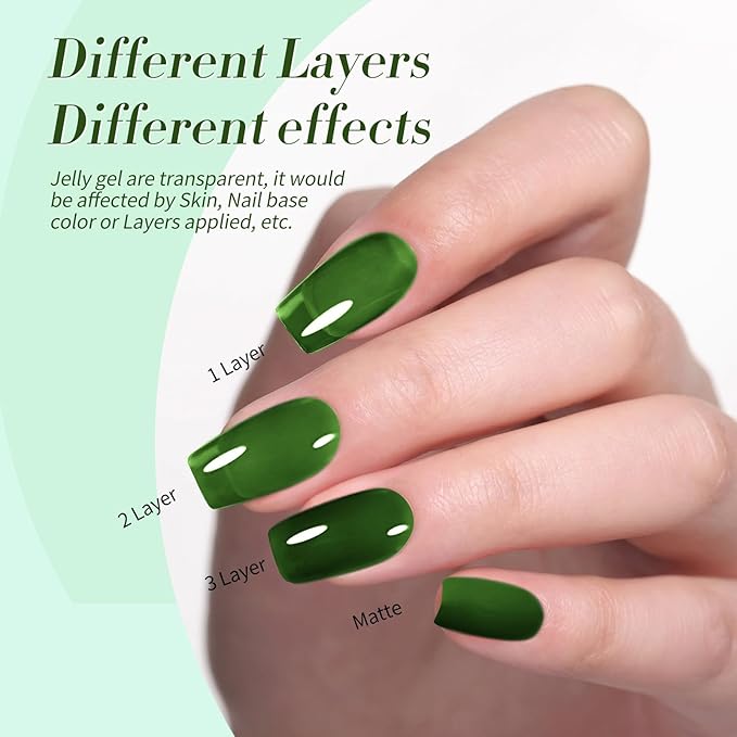 Born Pretty Jelly Green Milky White Gel Nail Polish St. Patrick's Day Transparent Sheer Colors Gel Nail Kit for Salon Gel Manicure and Nail Art DIY at Home 6 Colors