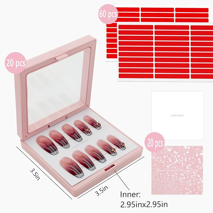 Press On Nail Packaging Boxes - 3D Floating Storage and Display Box With 60pcs Double Sided Adhesive Tape for Nail Tech (Pink, 3.5 Inch)