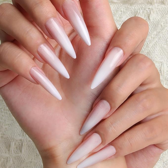 24pcs Gradient Nude Long Almond Press On Nails, Reusable Nail Kit with Nail Adhesive Tabs Mini Nail File, 12 Sizes (Gradient Nude)