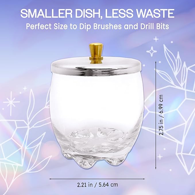 Beauticom Crystal Glass Dappen Dish for Acrylic Nail Dip Powder, Monomer, and Nail Polish Remover (Round Shape w/Stainless Steel Lid, 3 Pieces)