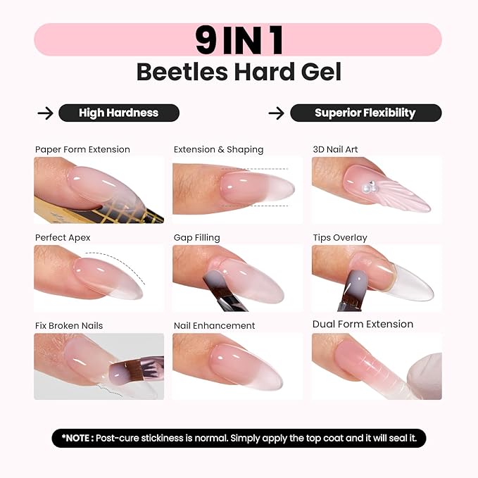 Beetles HEMA-Free Hard Gel for Nails,0.5 oz Mini Size Pink 9 in 1 Builder Nail Gel for Sensitive Nails Extension Sculpting & Overlays UV/LED Lamp Cured Professional Nail Tech Use Women