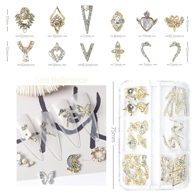 12 Pair 3D Alloy Gold Nail Art Rhinestones - Heart Shaped Nail Charms, Golden Nail Crystal Diamonds Jewelry Stones Studs for Nails Decor Crafts