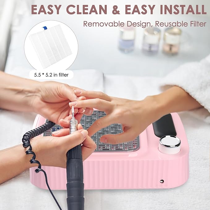 Pink Nail Dust Collector with Reusable Filter for Acrylic Gel Nails, 80W Power Nail Vacuum Cleaner Dust Catcher Adjustable Dust Sucker for Nails Manicure Pedicure at Home Nail Salons