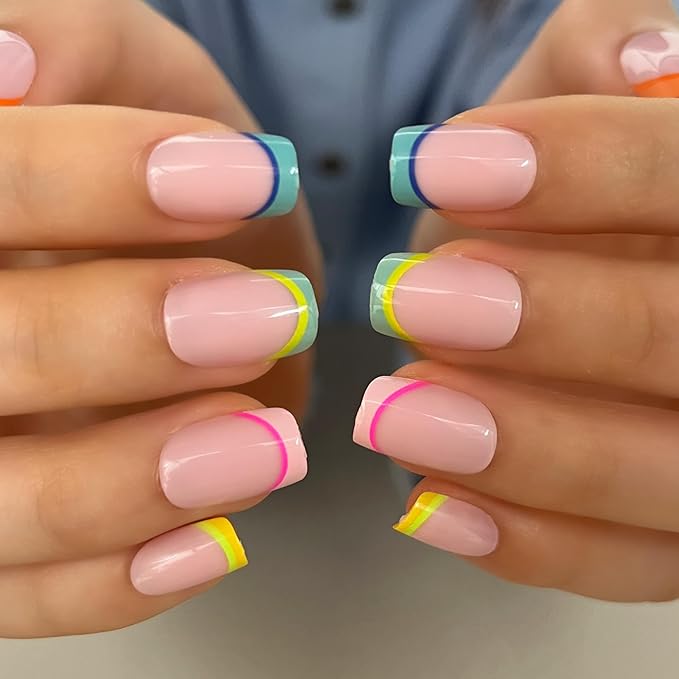Curvlife Rainbow Short Press On Nails Square Stick On Nails Short Fake Nails Design Glossy Acrylic Nails Stick On Nails Tips Glue On Nails False Nails For Women Nail Kit With Nail Glue
