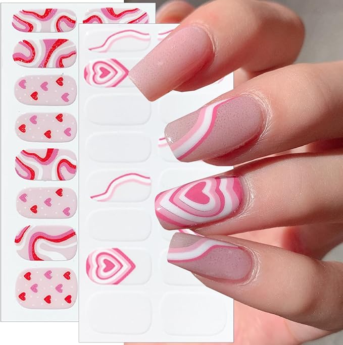 6 Sheets Valentines Day Nail Stickers Romantic Pink Red Heart Full Wrap Gel Nail Strips Self-Adhesive Red Lips French Tip Nail Polish Strips Cute Holiday Gel Nails Decals for Women Acrylic DIY