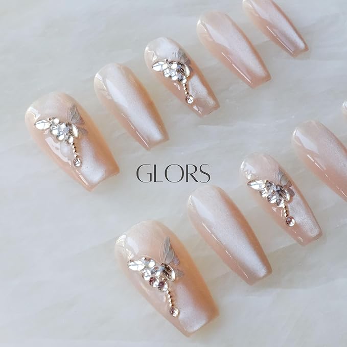 Press On Nails, Long Ballerina Coffin Shape, Nude Pink with Butterfly Rhinestone Design, Handmade False Nail 10 Pieces (XS,LB)