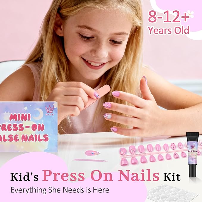 16 Sizes Press on Nails Kit for Kids - 32 Pieces French Almond Fake Nail Tips for Girls 8-12 Years Old with Jelly Nail Adhesives & No-Lamp Nail Glue, Birthday Gifts Easter(Pink Ice Cream)