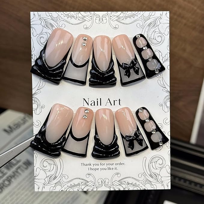 OCOUYVD Handmade Press On Nails Medium Duck Shaped Black French Tip Acrylic Nails 3D Bow Rhinestones Design Full Cover Thick Stick On Nails (Size S, 10pcs)