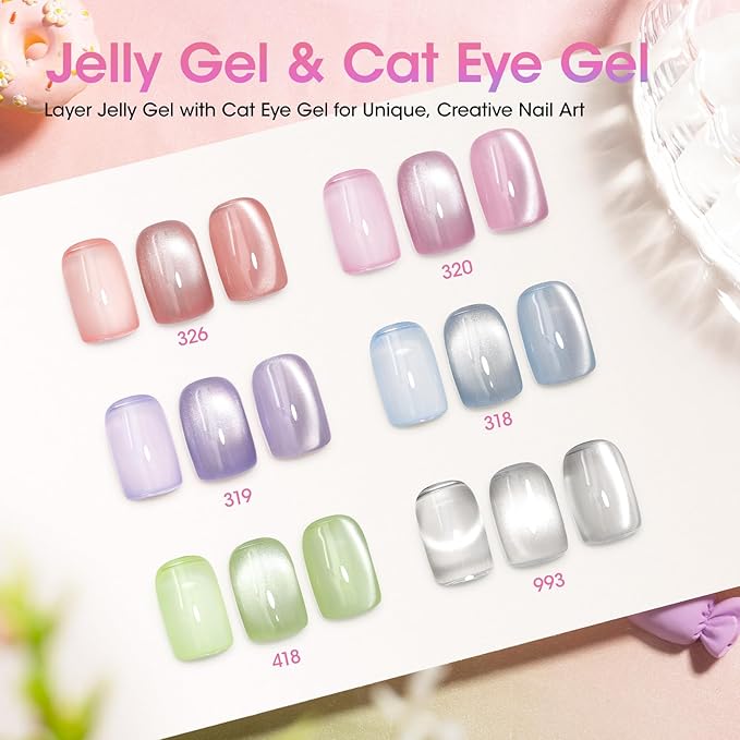 GELLEN Jelly Pastel Gel Nail Polish Set, Glass Cat Eye Gel Nail Polish with Magnets Translucent Sheer Jelly Red Pink Purple Blue Green, Long Lasting for Salon Nail Art at Home