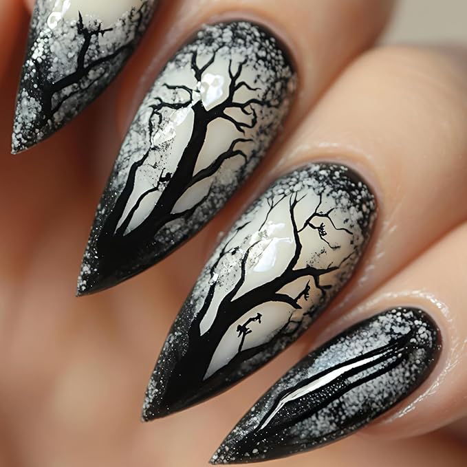 Halloween Acrylic Press on Nails, Black & White Dead Tree Fake Nails, Reusable Full Cover Stick on & Glue on Nails for Women 24Pcs