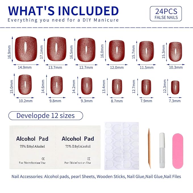 Cat Eye Press On Nails Short Square, Red Fake Nails with Dewy Gloss Red and White Gradient Effect, Glossy Gel Finish Acrylic Nails Press Ons Short,Natural Reusable Glue On Nails For Women, Jelly Rouge