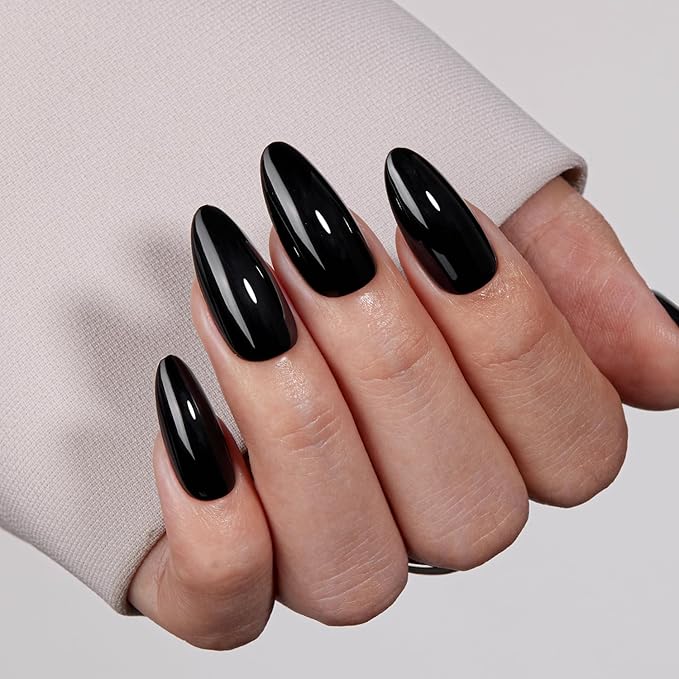 VSALON Press on Nails Medium Almond - Glossy Black Nails for Women, Reusable Solid Opaque Gel Salon Quality Fake Nails with Glue & Cuticle Oil - 32 PCS Glue On Nails in 16 Sizes