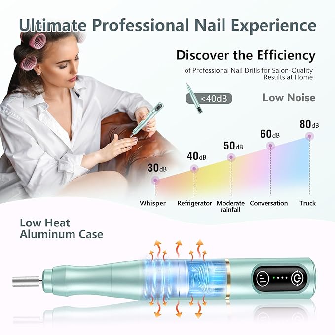Cordless Nail Drill Electric Rechargeable File Kit, Professional Efile Acrylic Gel Nail Polish Remover Pedicure Manicure Machine Portable Set with 11 Bits 56 Sanding Bands (Mint Green)