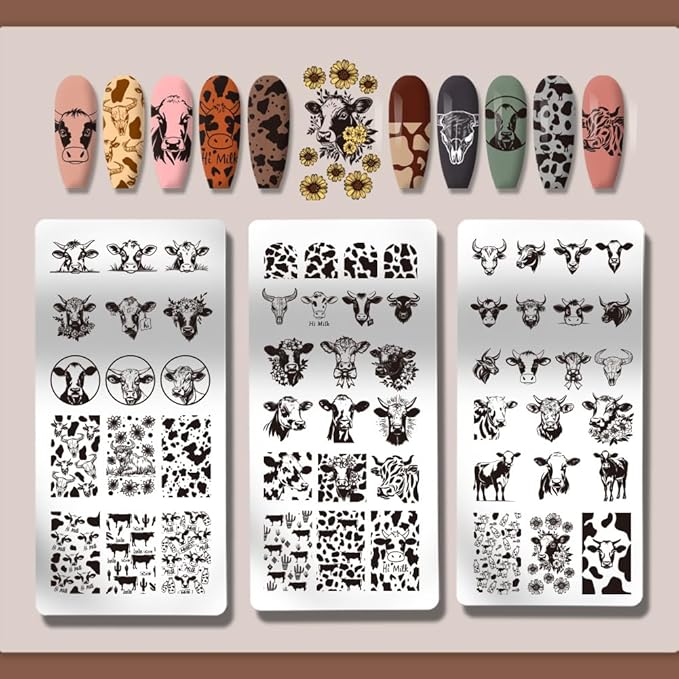PH PandaHall 3pcs Cow-Theme Nail Stamping Plates 56 Patterns Cow Spots Nail Art Stencils Cute Animal Manicure Art Templates Leopard Nails Image Plates for Women Manicures Design Printing Supplies