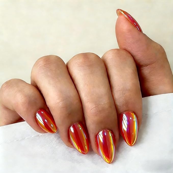 Chrome Golden Red Press on Nails Short Almond, Glazed Cute Fake Nails with Sparkle Mirror Design, Shiny Glitter Glue on Nails Stiletto, Gel Nail Press ons with Glue for Fingernail 30 Pcs