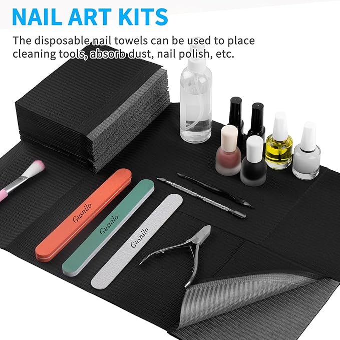 Gusnilo Nail Art Table Mat - Disposable Nail Paper Towels (50PCS) - Black Waterproof 3-Ply Nail Art Paper 13" X 18" Pads for Nail Table Decoration Kit, Nail Art Accessories