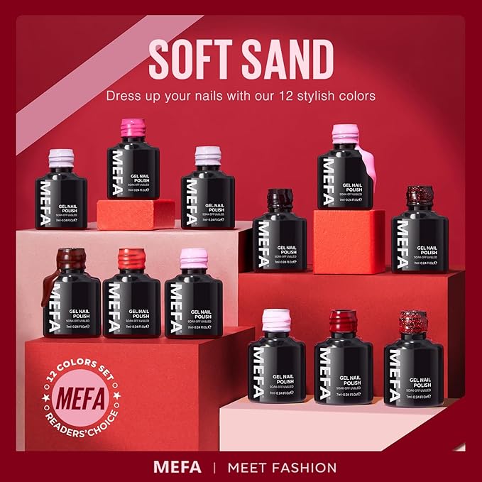 MEFA Gel Nail Polish Set, 12 Colors Burgundy Red Gel Polish Set Shimmering Red Pink Glitter Nail Polish Soak Off Rosy red Nude Gifts for Women Girl DIY Salon Home Manicure