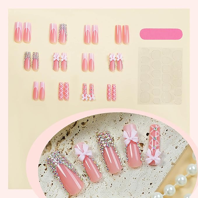 Xl Press on Nails Long Square Fake Nails French Tip False Nails with Rhinestones Acrylic Bow Glue on Nail Long Full Cover Stick on Nail for Women 24Pcs