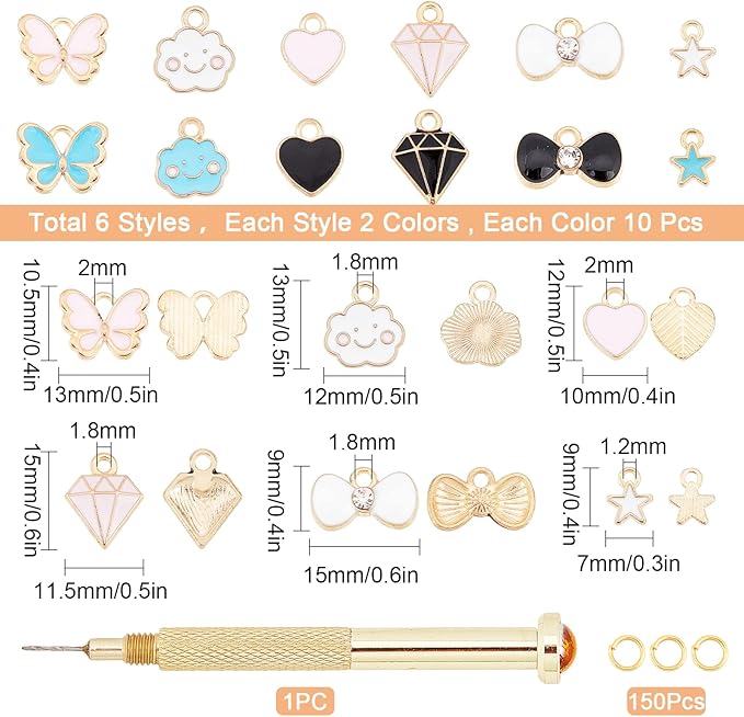 SUNNYCLUE 1 Box 270Pcs Nail Piercing Charms Set Art Pierced Tools Star Heart Butterfly Alloy Enamel Charms Dangle Hand Drill Jump Rings for Fingernail Jewelry Decorations Crafts Supplies