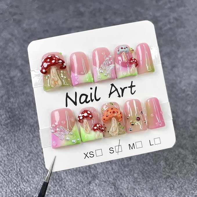 Duck Press on Nails Short Fake Nails Handmade Press on Nails Cute 3D Mushroom Butterfly Designs Thicked False Nails Green Pink Gradient Artificial Nails Pearl Stick on Nail for Women (M)