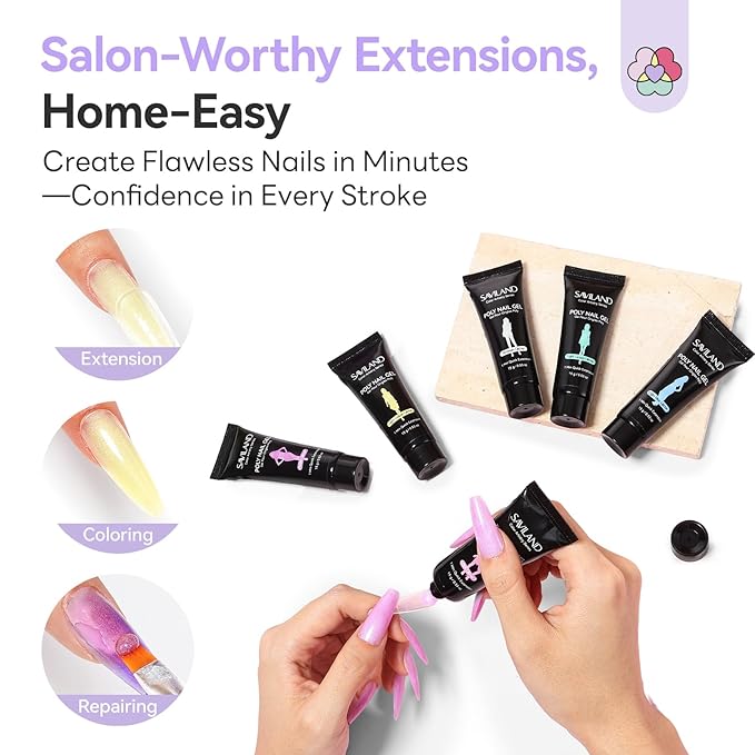 SAVILAND Hema-Free Poly Extension Gel Nail Kit: 6 Poly Gel Colors Fine Shimmer White Yellow Pink Poly Extension Gel Nail Kit, Long Lasting Hardness Poly Gel for Nourishing Nail Salon Home DIY Manicure