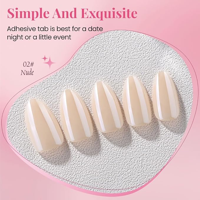 Press on Nails Short Almond - Nude Chrome Glazed Glossy Press on Nail Tips Stick on Nails with Nail Kit for Gift, Reusable Stick On Nails in 15 Sizes - 30 Full Cover Acrylic Soft Gel Fake Nails Kit