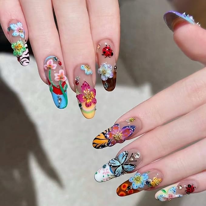Handmade Press on Nails Colorful Flower Press on Nails Rhinestones Acrylic Nails Glossy Flower False Nails Desigsns Medium Almond Fake Nails for Women Girls DIY Manicure Decorations (Size S)