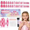 16 Sizes Press on Nails Kit for Kids - 32 Pieces French Almond Fake Nail Tips for Girls 8-12 Years Old with Jelly Nail Adhesives & No-Lamp Nail Glue, Birthday Easter Gifts (Rose Pink Grid)
