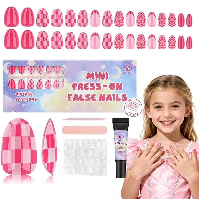 16 Sizes Press on Nails Kit for Kids - 32 Pieces French Almond Fake Nail Tips for Girls 8-12 Years Old with Jelly Nail Adhesives & No-Lamp Nail Glue, Birthday Easter Gifts (Rose Pink Grid)