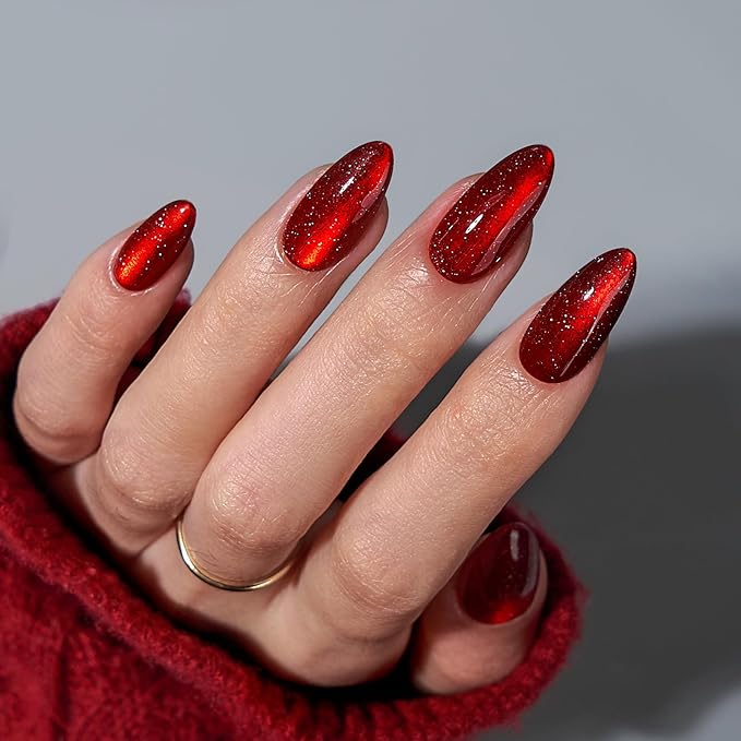 BTArtbox Press On Nails Almond - Deep Red Sparkly Press On Nails with Glue for Women, Glossy Soft Gel Glue On Nails in 15 Sizes - 30 Stick On Nails Kit for Christmas, Mystic Ruby